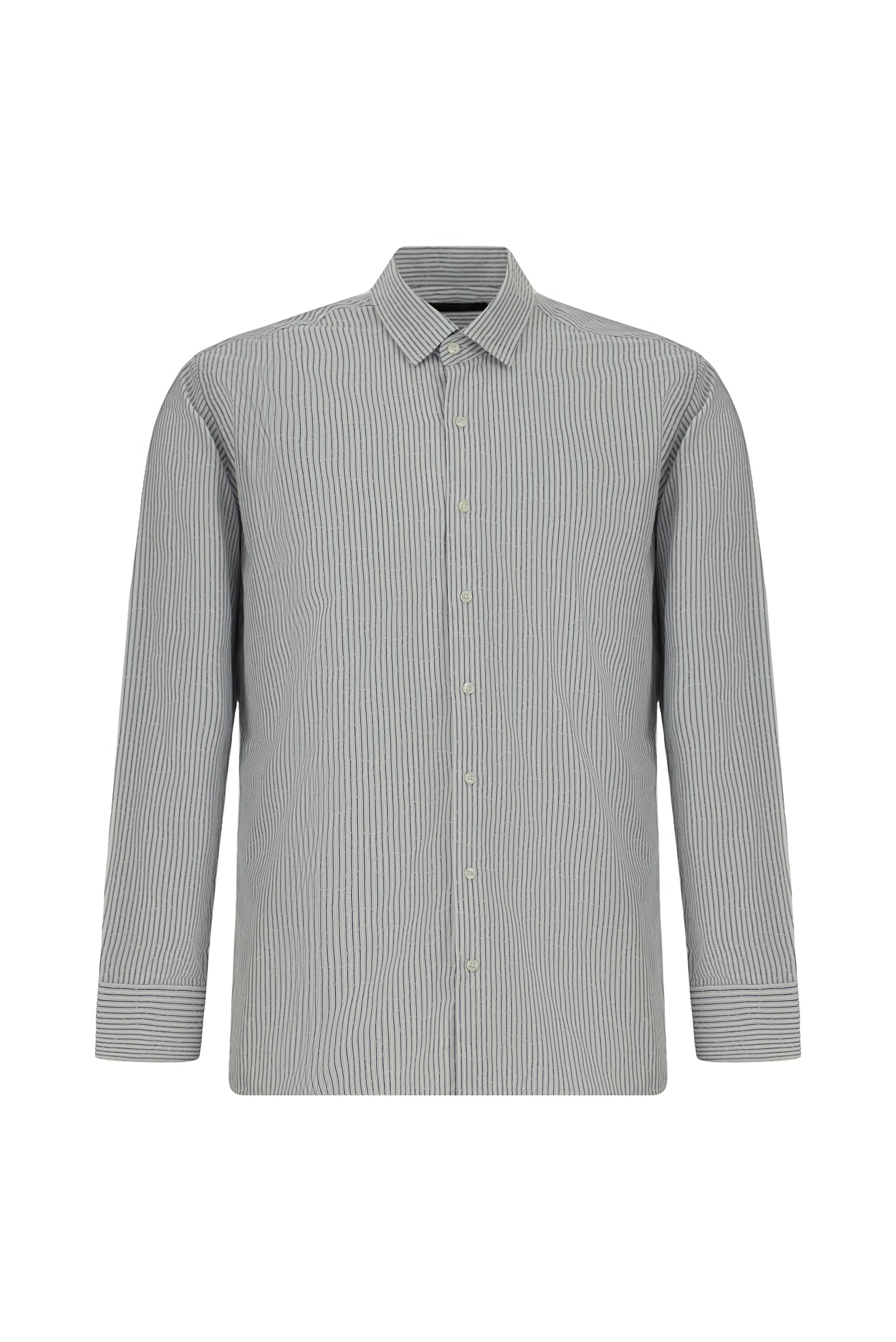 Orta Lacivert Uzun Kol Slim Fit Dar Kesim Klasik Çizgili Pamuk Gömlek