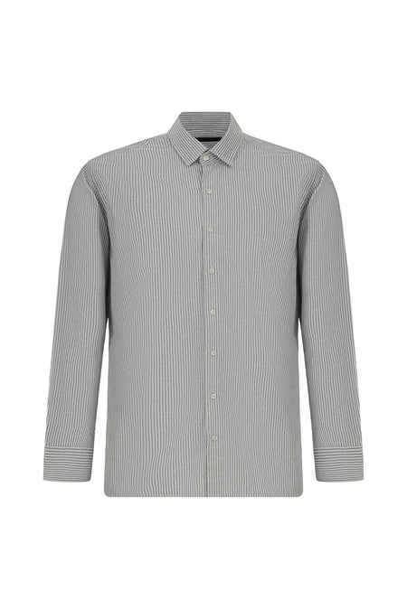 Orta Lacivert Uzun Kol Slim Fit Dar Kesim Klasik Çizgili Pamuk Gömlek