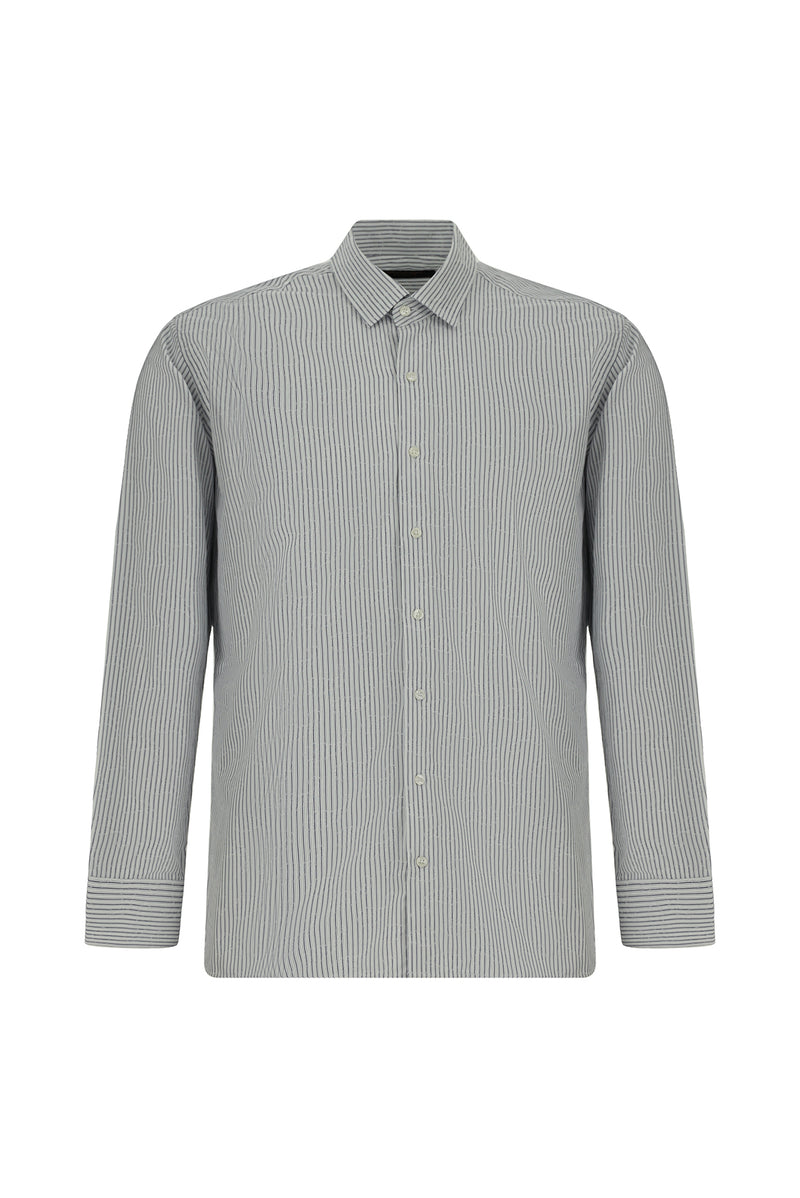 Orta Lacivert Uzun Kol Slim Fit Dar Kesim Klasik Çizgili Pamuk Gömlek