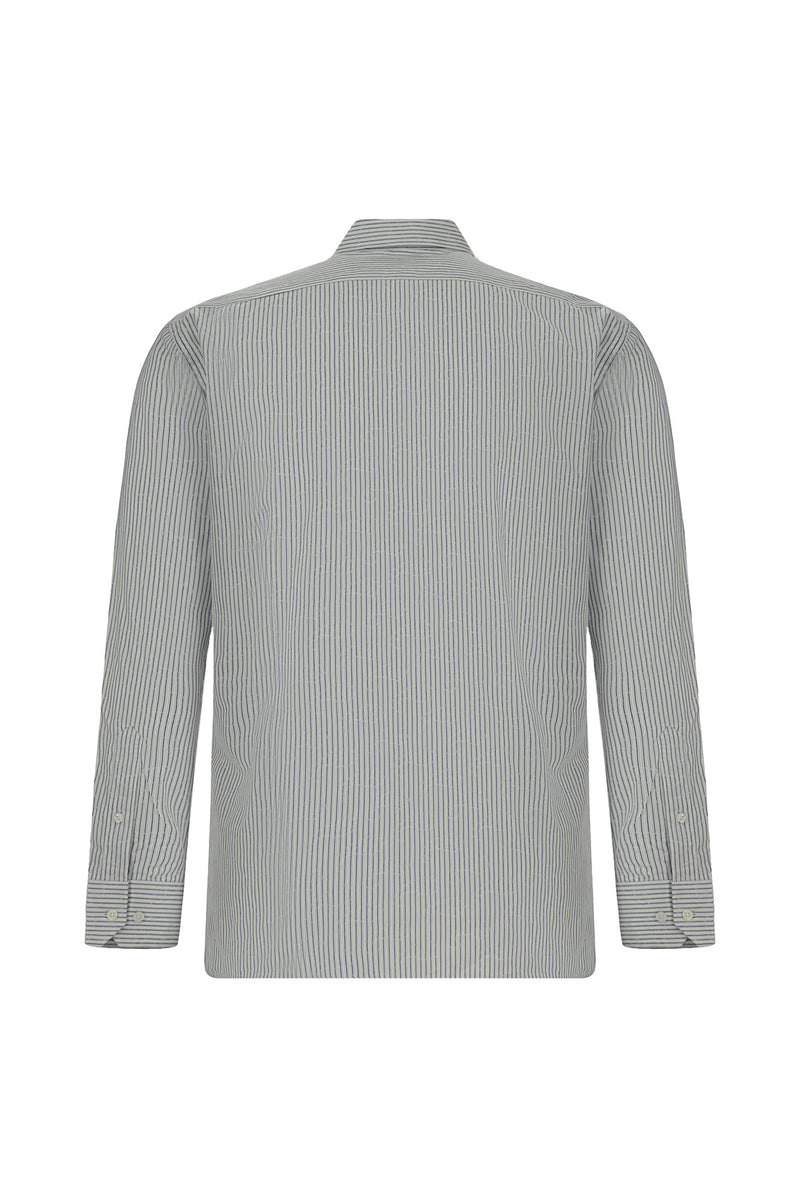 Orta Lacivert Uzun Kol Slim Fit Dar Kesim Klasik Çizgili Pamuk Gömlek