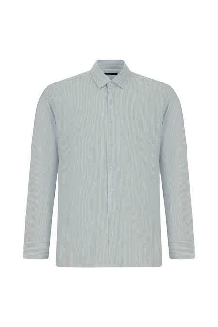 Açık Mavi Uzun Kol Slim Fit Dar Kesim Klasik Çizgili Pamuk Gömlek
