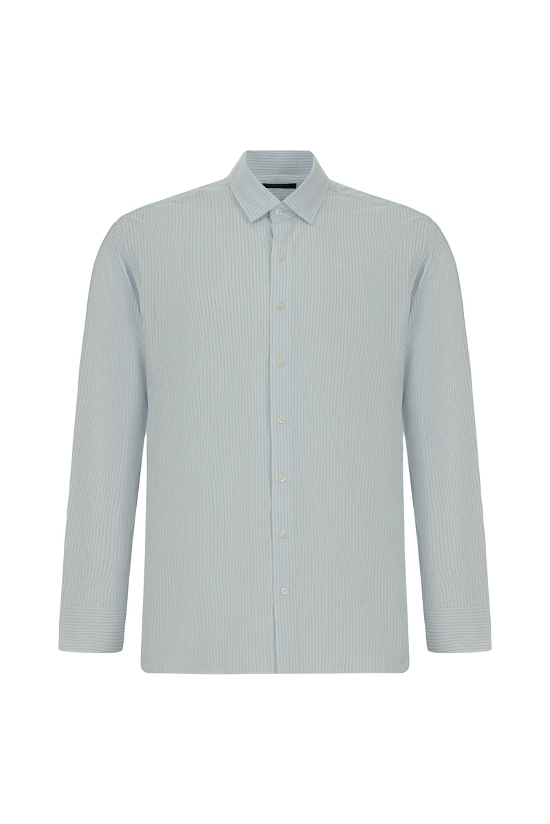 Açık Mavi Uzun Kol Slim Fit Dar Kesim Klasik Çizgili Pamuk Gömlek