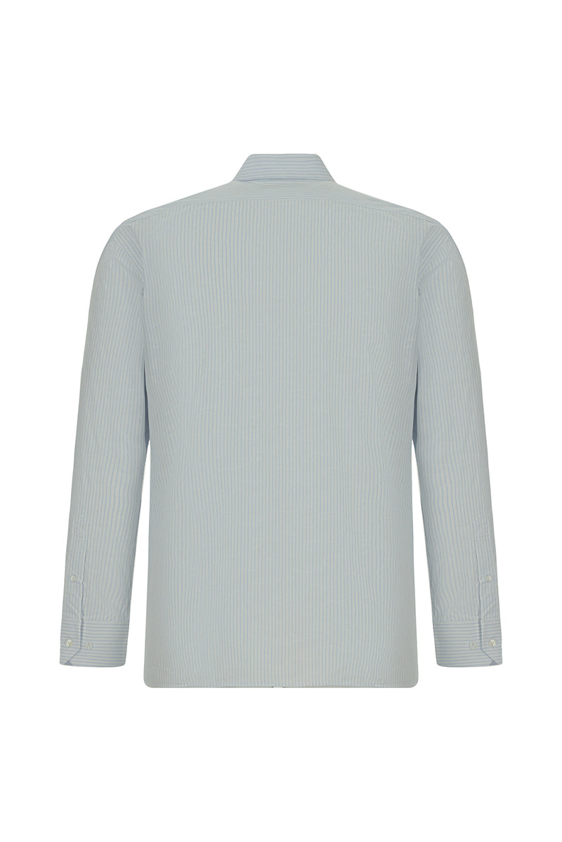 Açık Mavi Uzun Kol Slim Fit Dar Kesim Klasik Çizgili Pamuk Gömlek