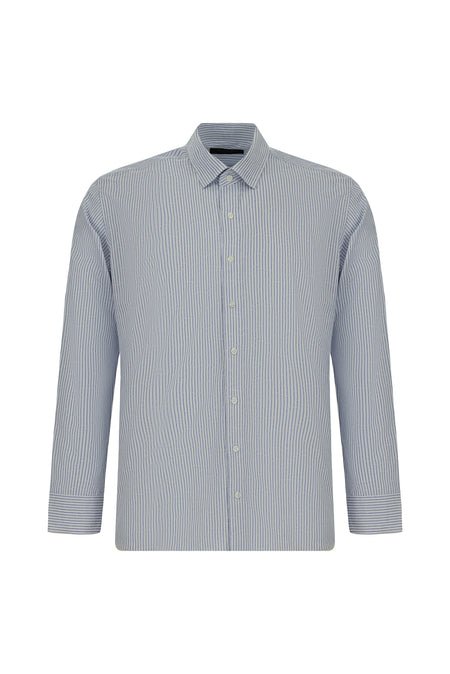 Mavi Uzun Kol Slim Fit Dar Kesim Klasik Çizgili Pamuk Gömlek