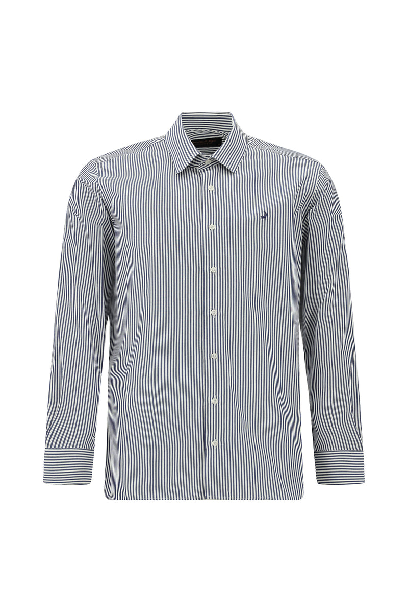 Koyu Lacivert Uzun Kol Slim Fit Dar Kesim Klasik Çizgili Pamuk Gömlek