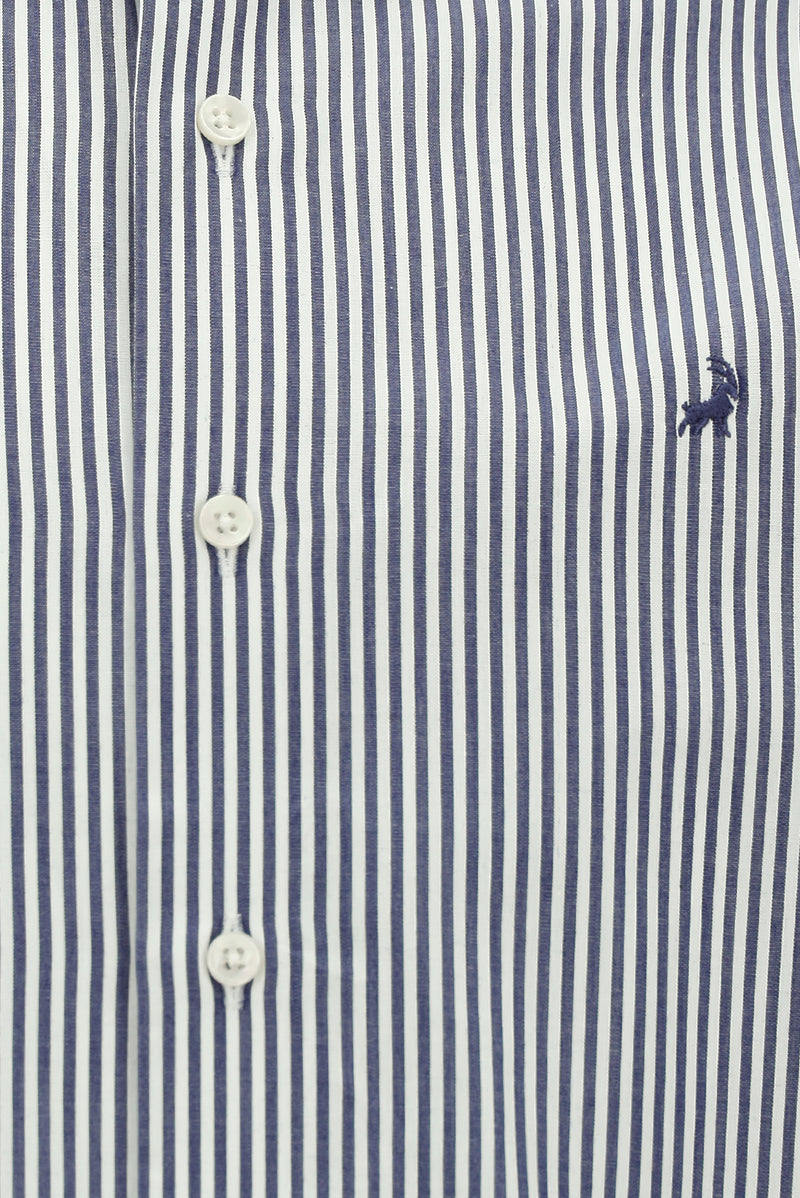 Koyu Lacivert Uzun Kol Slim Fit Dar Kesim Klasik Çizgili Pamuk Gömlek