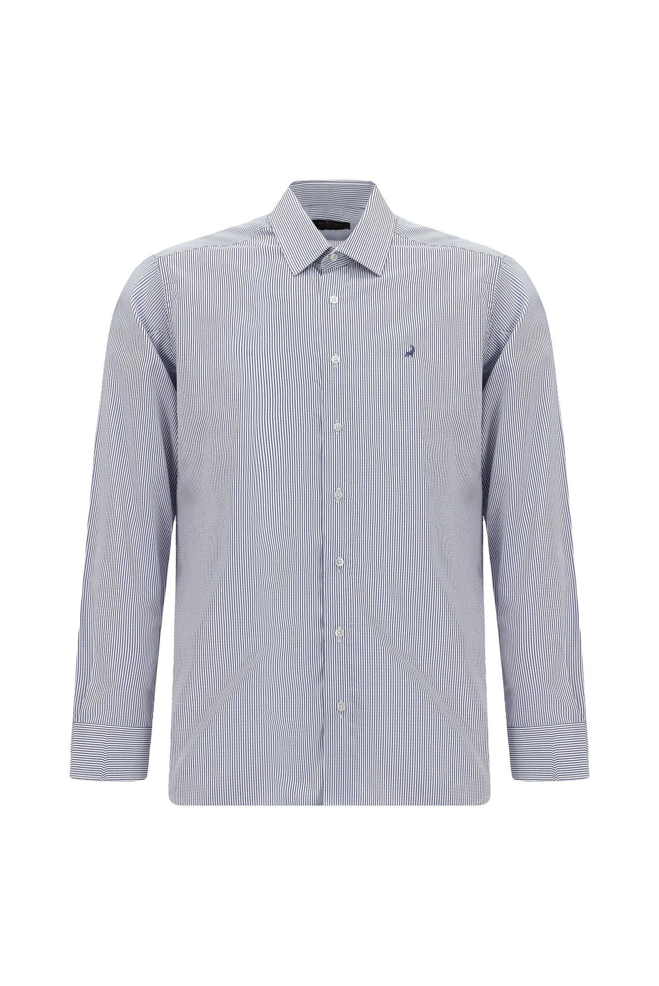 Koyu Lacivert Uzun Kol Slim Fit Dar Kesim Çizgili Lyocell Gömlek