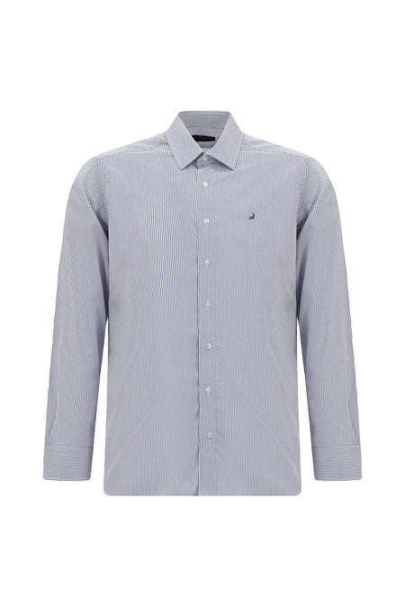 Koyu Lacivert Uzun Kol Slim Fit Dar Kesim Çizgili Lyocell Gömlek