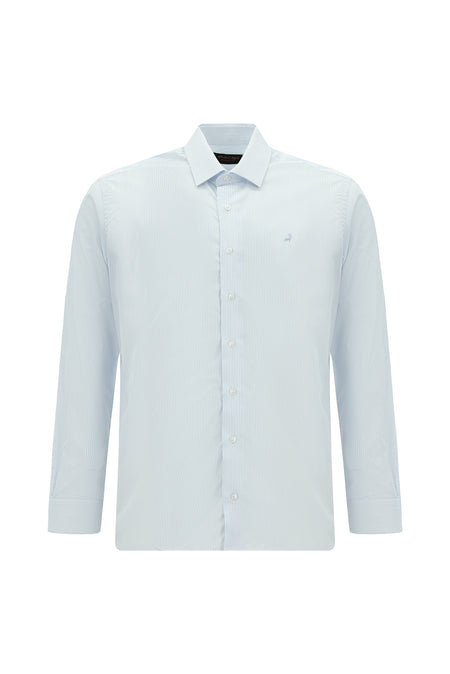 Uçuk Mavi Uzun Kol Slim Fit Dar Kesim Çizgili Lyocell Gömlek