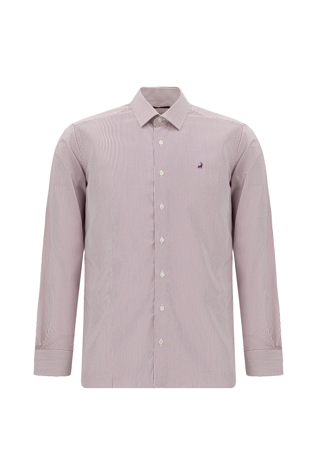 Açık Bordo Uzun Kol Slim Fit Dar Kesim Klasik Çizgili Lyocell Gömlek