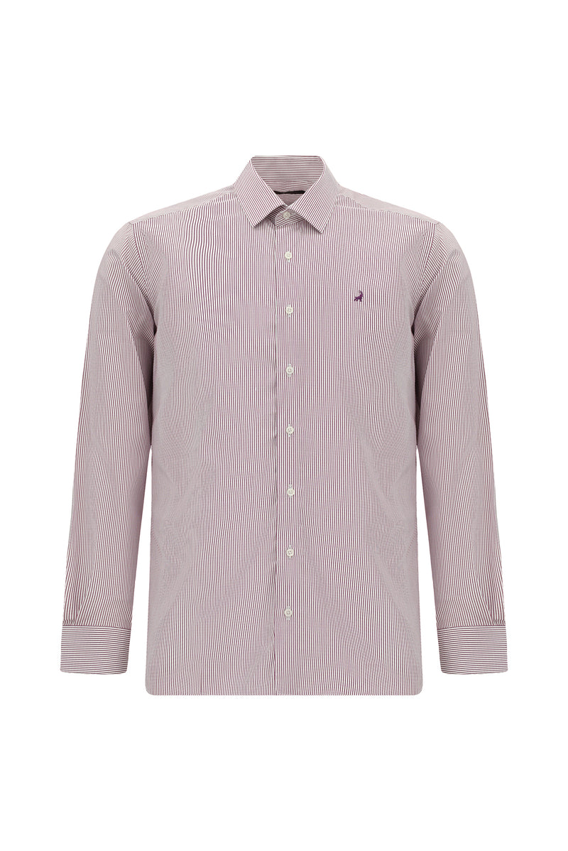 Açık Bordo Uzun Kol Slim Fit Dar Kesim Klasik Çizgili Lyocell Gömlek