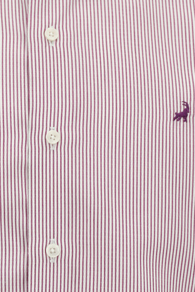 Açık Bordo Uzun Kol Slim Fit Dar Kesim Klasik Çizgili Lyocell Gömlek