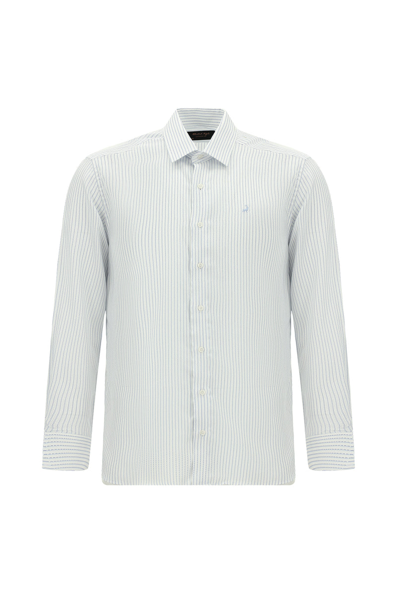 Mavi Uzun Kol Slim Fit Dar Kesim Klasik Çizgili Lyocell Gömlek