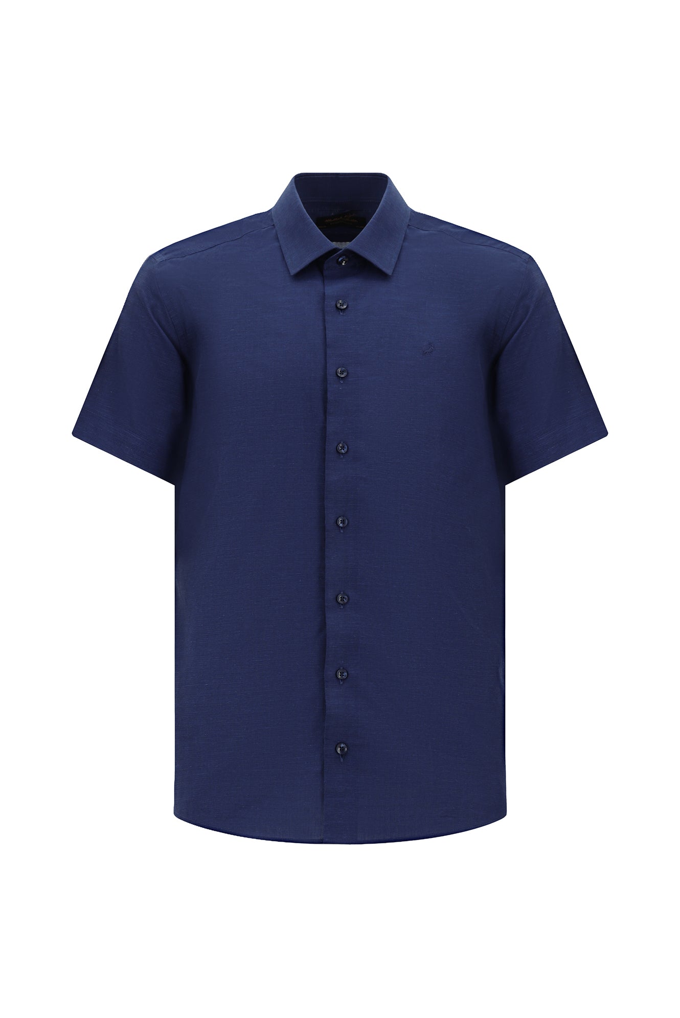 Orta Lacivert Kısa Kol Slim Fit Dar Kesim Desenli Pamuk Gömlek