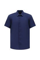 Orta Lacivert Kısa Kol Slim Fit Dar Kesim Desenli Pamuk Gömlek