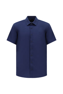 Orta Lacivert Kısa Kol Slim Fit Dar Kesim Desenli Pamuk Gömlek