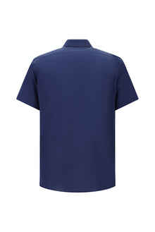 Orta Lacivert Kısa Kol Slim Fit Dar Kesim Desenli Pamuk Gömlek
