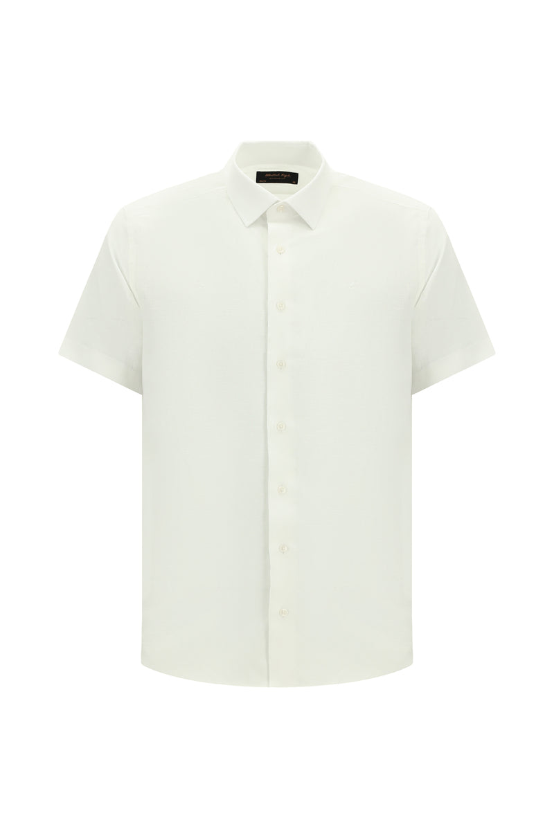Beyaz Kısa Kol Slim Fit Dar Kesim Desenli Pamuk Gömlek
