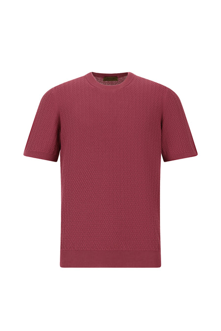 Koyu Bordo Bisiklet Yaka Regular Fit Desenli Pamuk İtalyan Triko T-shirt