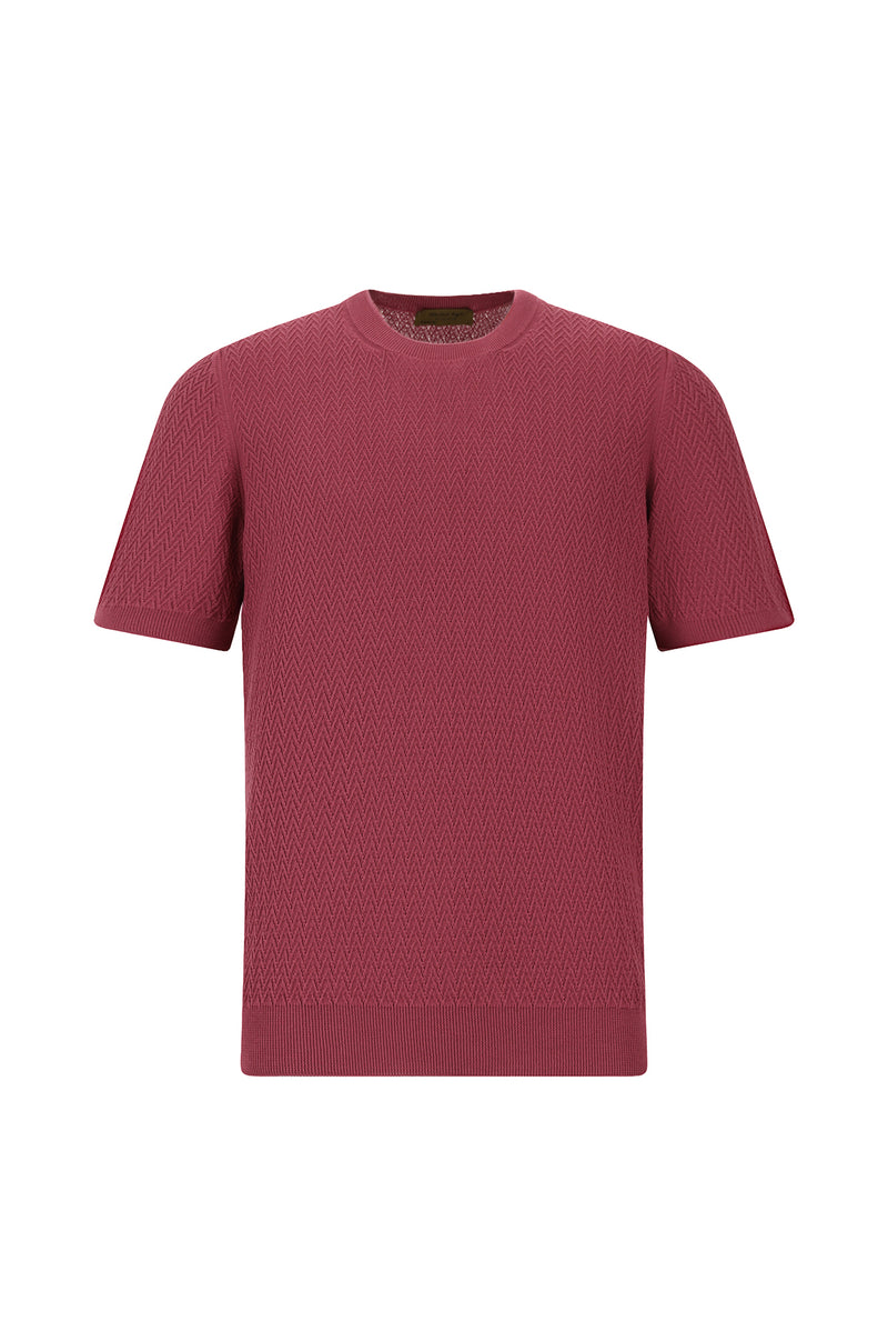 Koyu Bordo Bisiklet Yaka Regular Fit Desenli Pamuk İtalyan Örme T-shirt