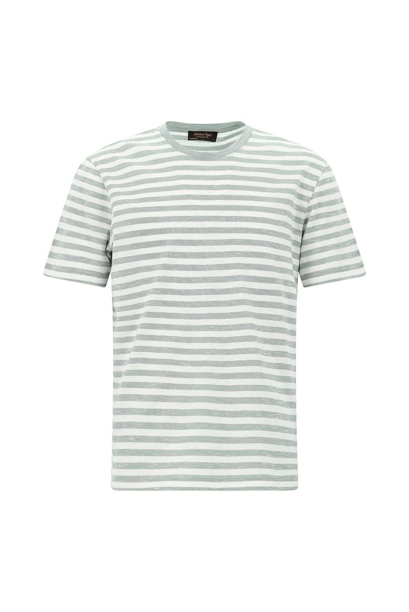 Açık Bej Bisiklet Yaka Regular Fit Pamuk Nakışlı Çizgili T-shirt