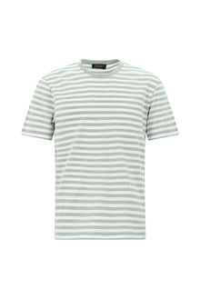 Açık Bej Bisiklet Yaka Regular Fit Pamuk Nakışlı Çizgili T-shirt