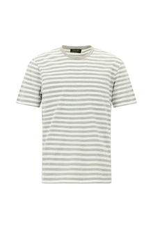 Küf Yeşili Bisiklet Yaka Regular Fit Pamuk Nakışlı Çizgili T-shirt