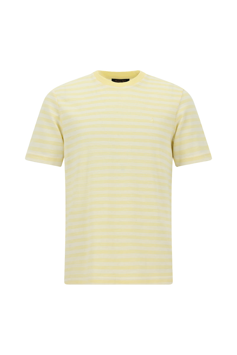 Açık Sarı Bisiklet Yaka Regular Fit Pamuk Nakışlı Çizgili T-shirt