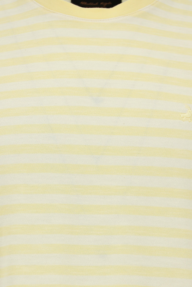 Açık Sarı Bisiklet Yaka Regular Fit Pamuk Nakışlı Çizgili T-shirt