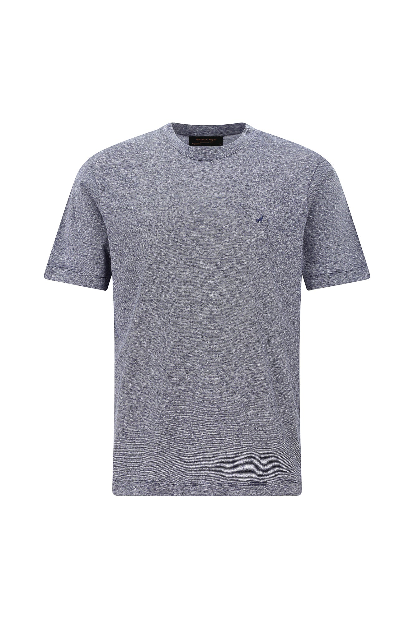 Açık Lacivert Bisiklet Yaka Regular Fit Nakışlı Pamuklu Keten Çizgili T-shirt