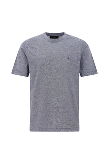 Aç?k Lacivert Bisiklet Yaka Regular Fit Nak??l? Pamuklu Keten Çizgili T-shirt-Abdullah Ki??l?