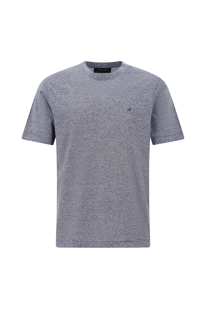 Aç?k Lacivert Bisiklet Yaka Regular Fit Nak??l? Pamuklu Keten Çizgili T-shirt-Abdullah Ki??l?