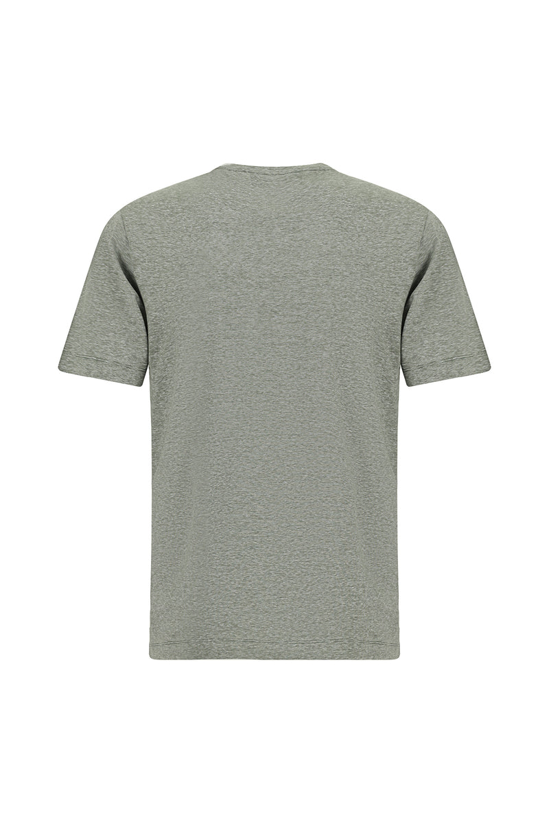 Açık Haki Bisiklet Yaka Regular Fit Nakışlı Pamuklu Keten Çizgili T-shirt