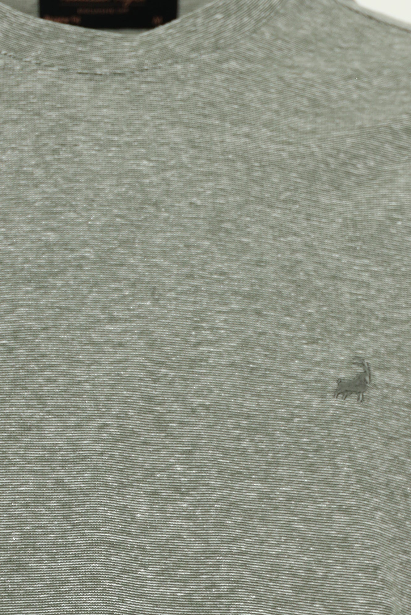 Açık Haki Bisiklet Yaka Regular Fit Nakışlı Pamuklu Keten Çizgili T-shirt