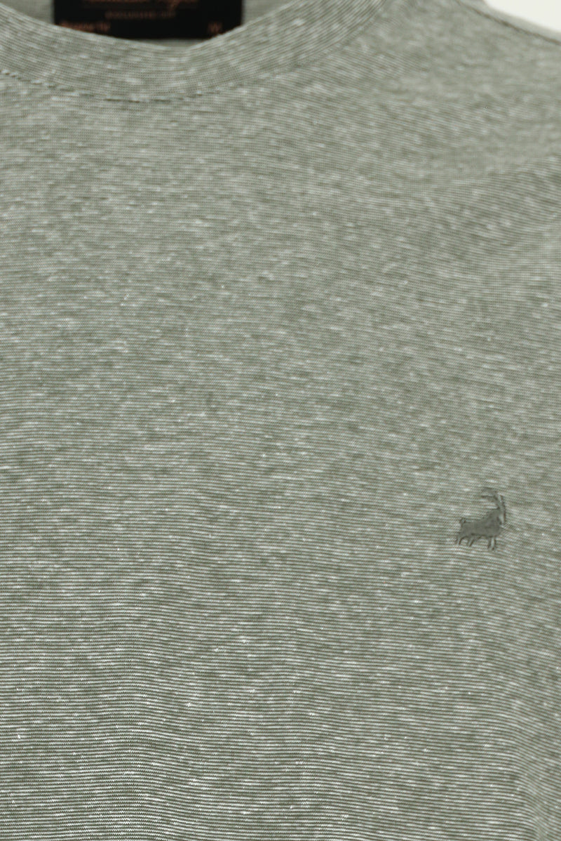 Açık Haki Bisiklet Yaka Regular Fit Nakışlı Pamuklu Keten Çizgili T-shirt