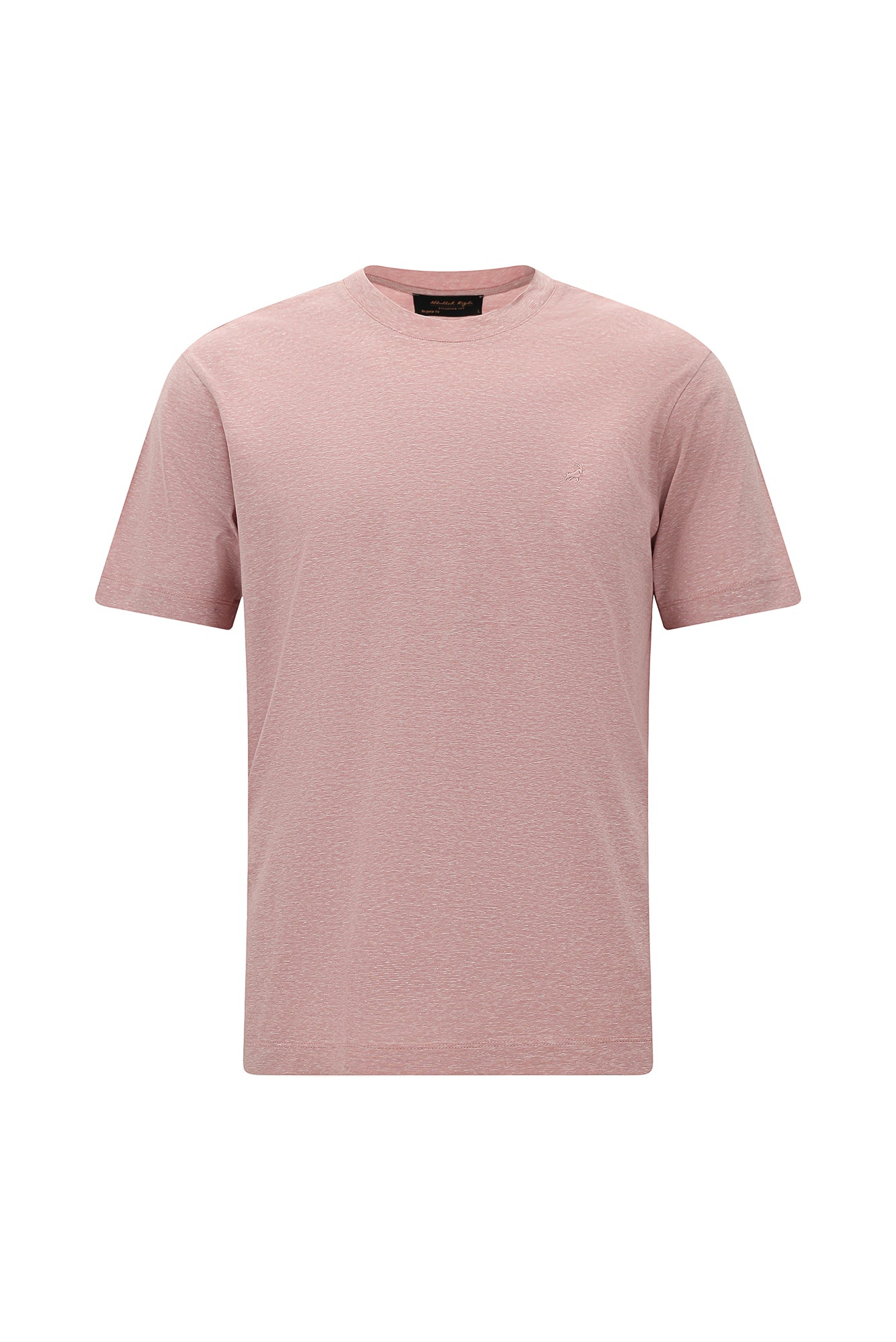 Toz Pembe Bisiklet Yaka Regular Fit Nakışlı Pamuklu Keten Çizgili T-shirt