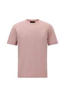 Toz Pembe Bisiklet Yaka Regular Fit Nakışlı Pamuklu Keten Çizgili T-shirt