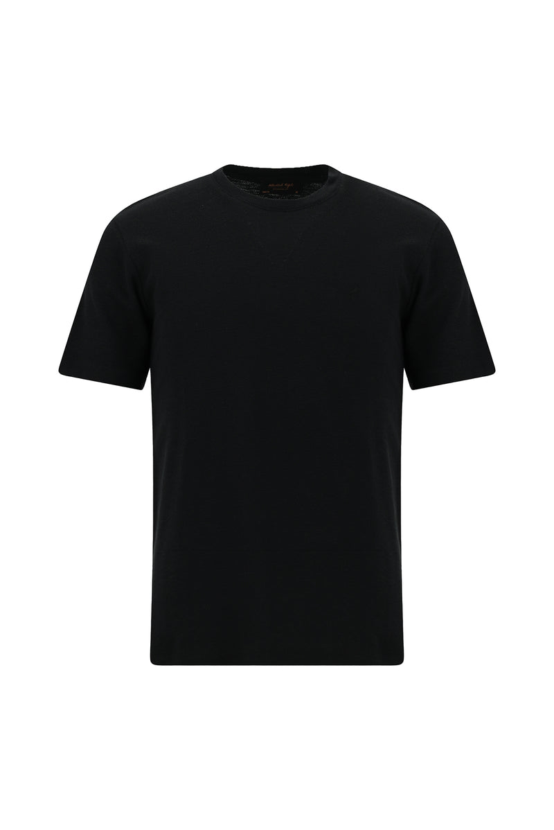 Siyah Bisiklet Yaka Slim Fit Dar Kesim Nakışlı Pamuklu Lyocell T-shirt