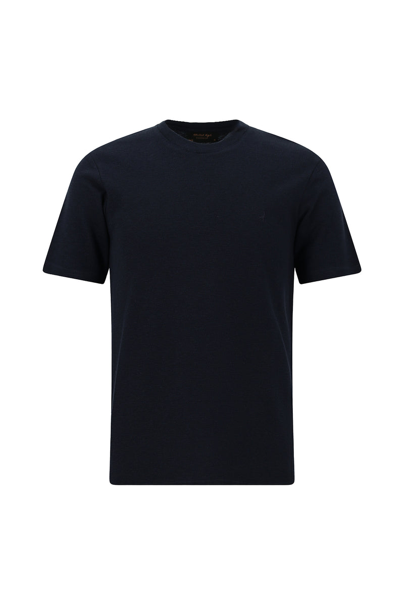 Koyu Lacivert Bisiklet Yaka Slim Fit Dar Kesim Nakışlı Pamuklu Lyocell T-shirt