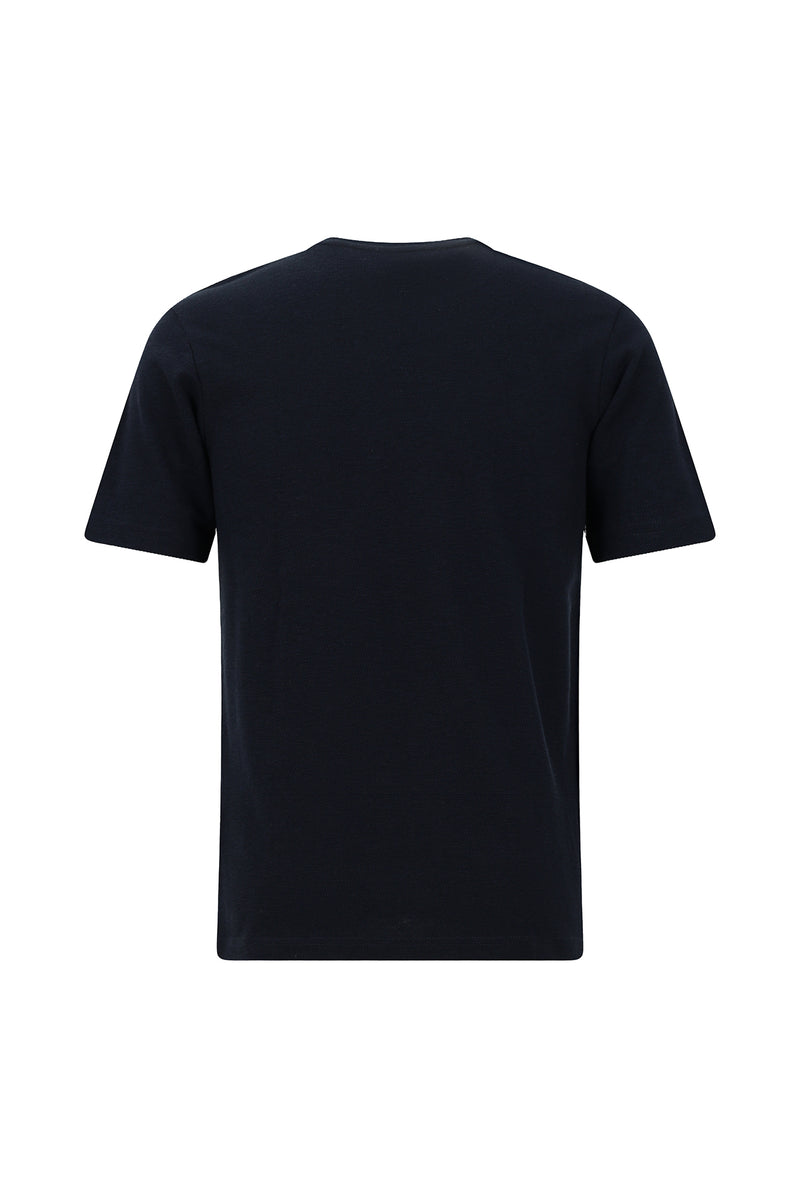 Koyu Lacivert Bisiklet Yaka Slim Fit Dar Kesim Nakışlı Pamuklu Lyocell T-shirt