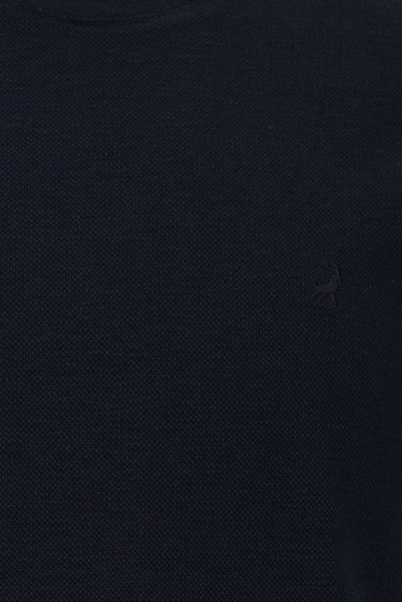 Koyu Lacivert Bisiklet Yaka Slim Fit Dar Kesim Nakışlı Pamuklu Lyocell T-shirt