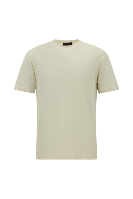 Açık Bej Bisiklet Yaka Slim Fit Dar Kesim Nakışlı Pamuklu Lyocell T-shirt