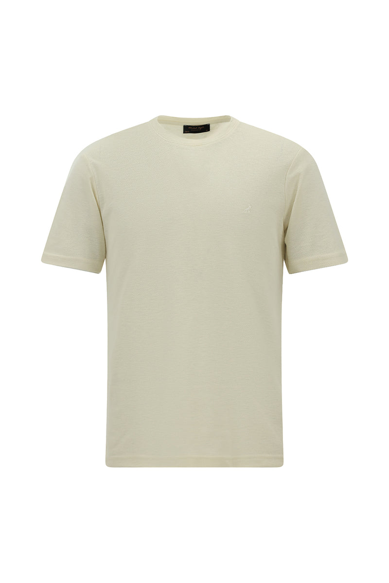 Açık Bej Bisiklet Yaka Slim Fit Dar Kesim Nakışlı Pamuklu Lyocell T-shirt