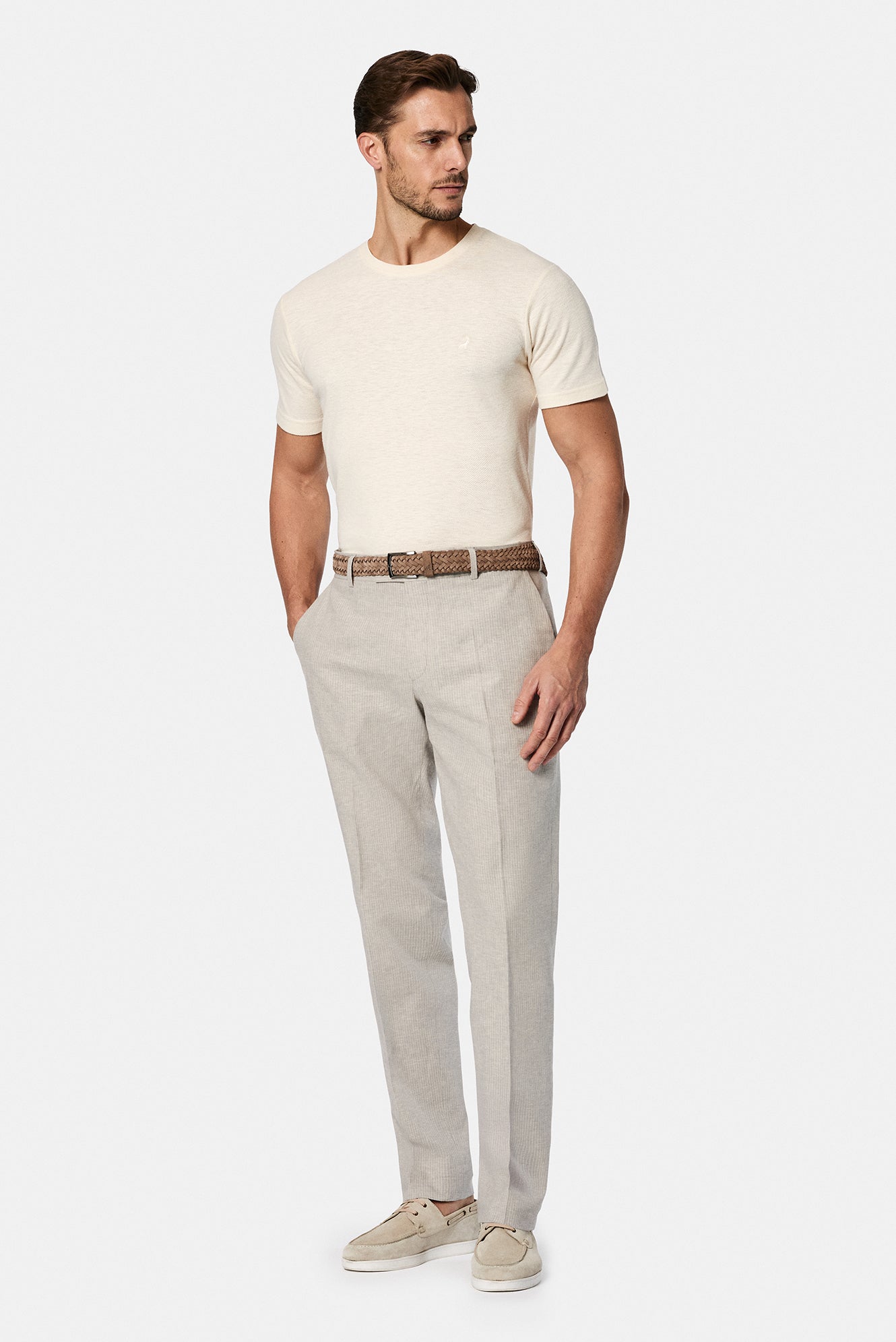 Aç?k Bej Bisiklet Yaka Slim Fit Dar Kesim Nak??l? Pamuklu Lyocell T-shirt-Abdullah Ki??l?