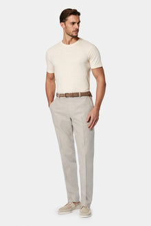 Aç?k Bej Bisiklet Yaka Slim Fit Dar Kesim Nak??l? Pamuklu Lyocell T-shirt-Abdullah Ki??l?