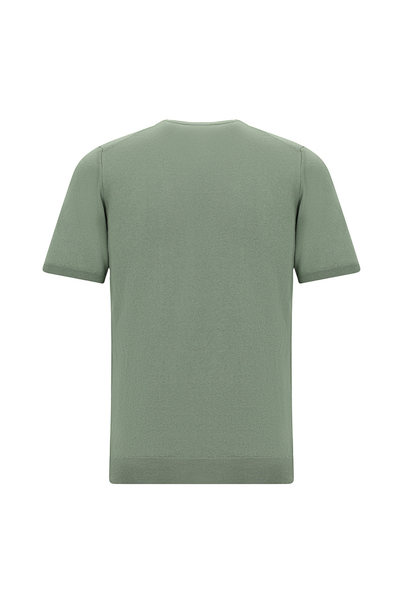 Küf Yeşili Bisiklet Yaka Slim Fit Dar Kesim Pamuklu Örme İpek Karışımlı T-shirt
