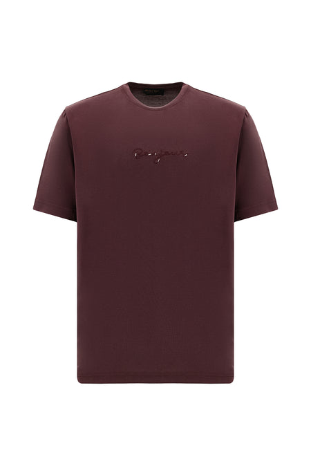Aç?k Bordo Bisiklet Yaka Slim Fit Dar Kesim Nak??l? T-shirt-Abdullah Ki??l?