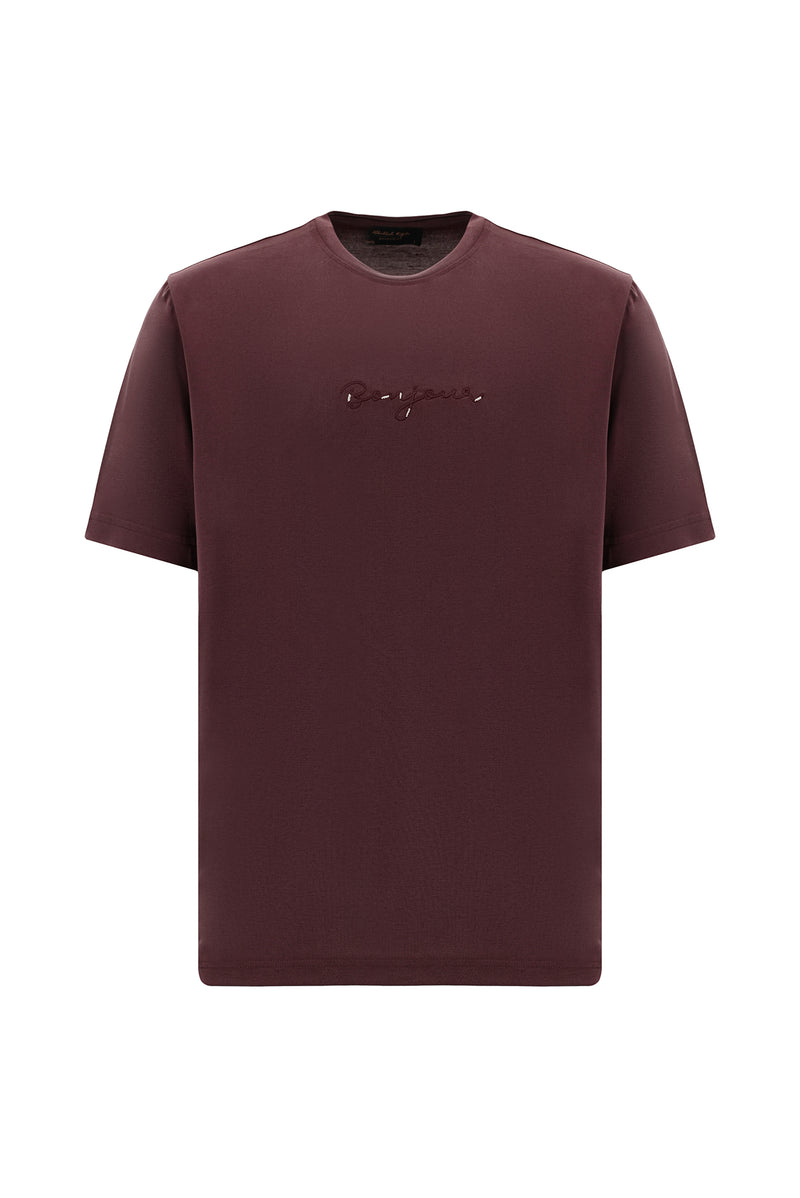 Aç?k Bordo Bisiklet Yaka Slim Fit Dar Kesim Nak??l? T-shirt-Abdullah Ki??l?