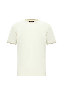 Kırık Beyaz Bisiklet Yaka Slim Fit Dar Kesim Desenli Merserize Pamuk T-shirt