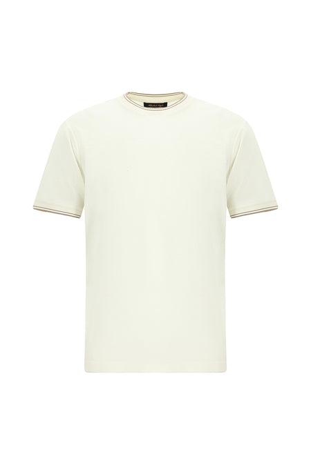 Kırık Beyaz Bisiklet Yaka Slim Fit Dar Kesim Desenli Merserize Pamuk T-shirt